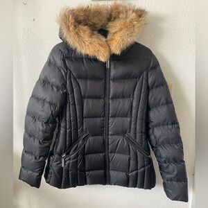 Dawn Levy Black Puffer Jacket with Tan Faux Fur Hood